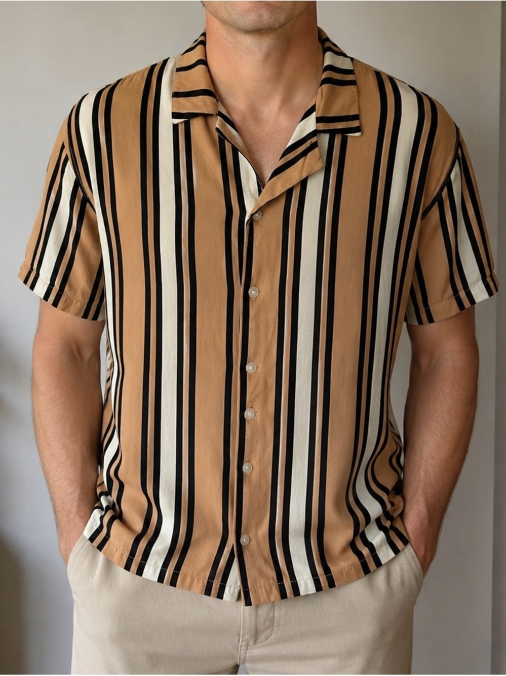PacSun Men's Tan & Black Vertical Stripe Short Sleeve Shirt